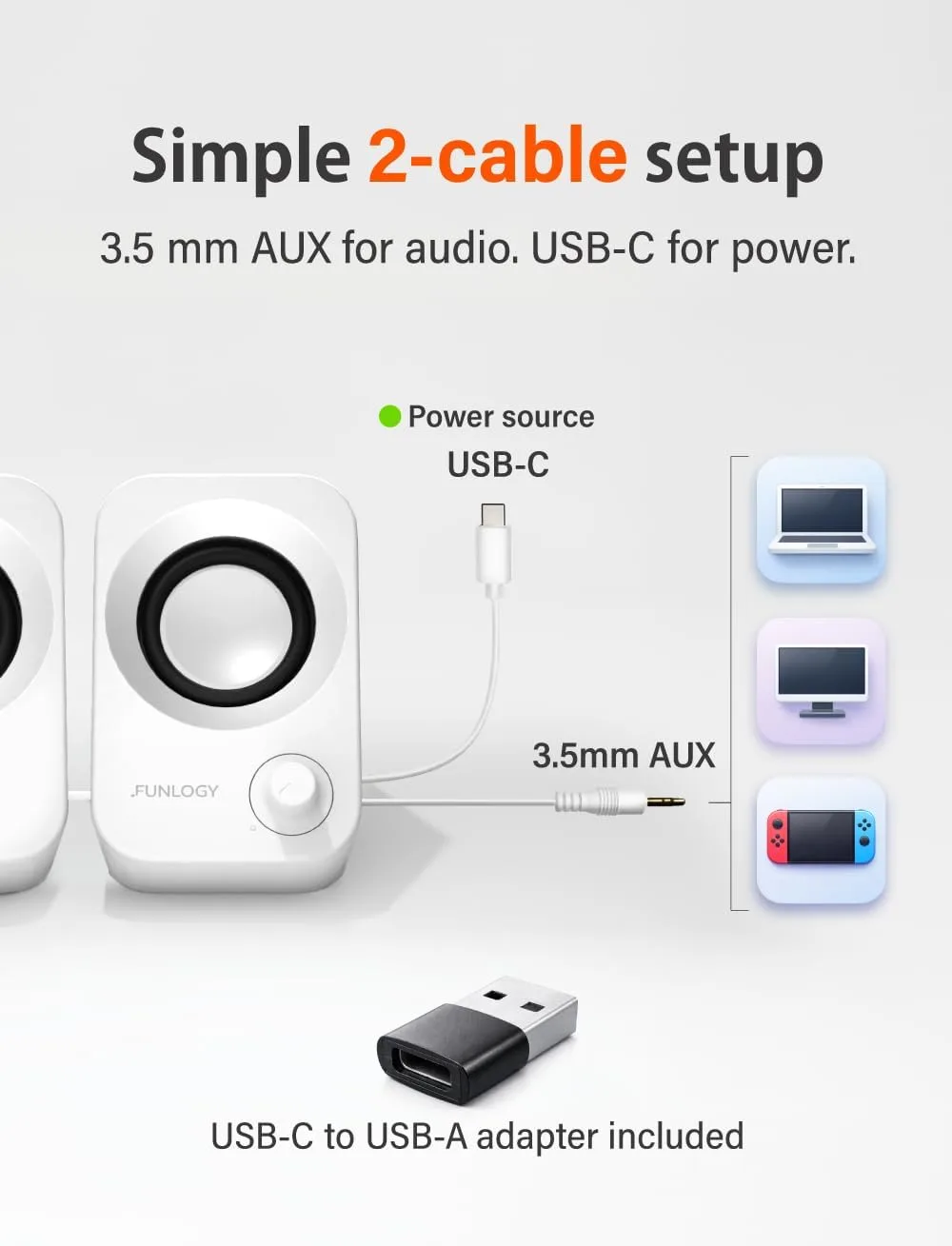 FUNLOGY Speaker Plus - 14W Stereo PC Speakers, Dual Amplifiers & DSP Tuned, USB-C Powered, 3.5mm AUX, Compact Desktop Speakers with 30° Tilt, for PC, Laptop, Monitor & Gaming,White