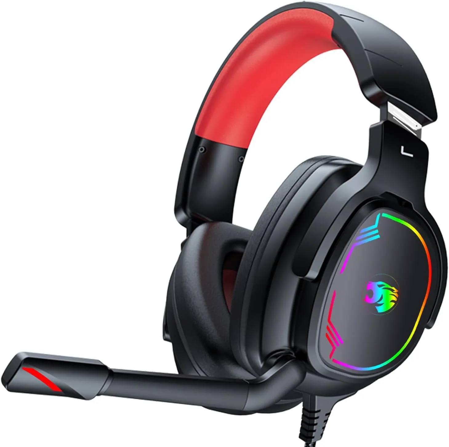 Jimonyer Gaming Headset with Microphone, 7.1 Surround Sound and Noise Canceling Over Ear Headphones for PC, PS4, PS5,Xbox Series,Switch, RGB Light and Soft Imitation Protein Earmuffs (Red)