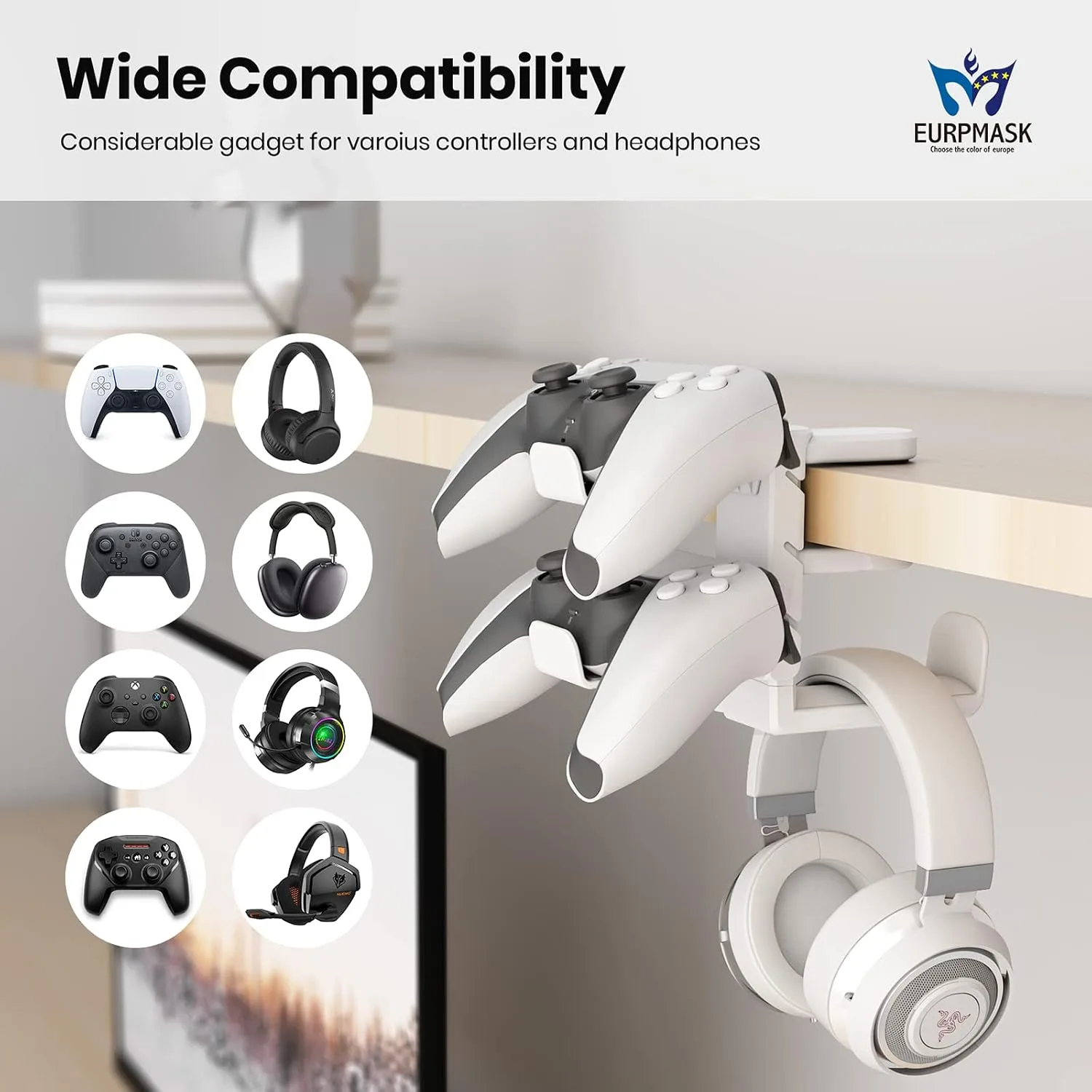 EURPMASK 3-in-1 Rotating Headphone Stand w/2 Detachable Controller Holders