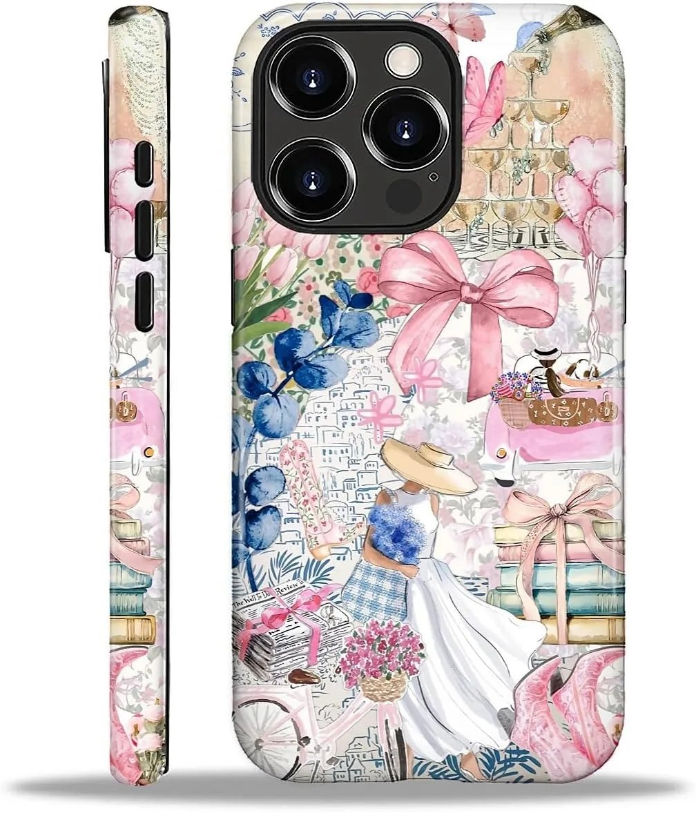 DAIZAG Case for iPhone 16 Pro Max,Mixed 2 Layer Design Shockproof Soft TPU Ddouble Protection Phone Case for iPhone 16 Pro Max-Magazine Books Flower Bow Collage