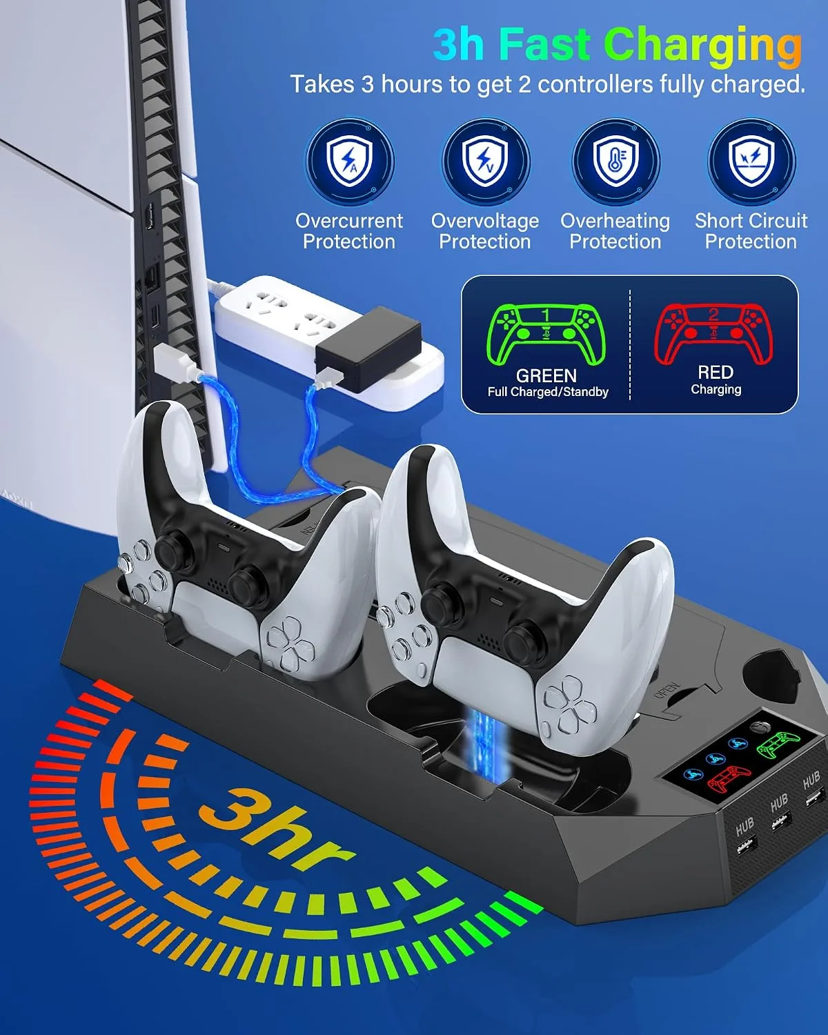 PS5/PS5 Slim/PS5 Pro Stand and Cooling Station with Dual Controller Charging Station for PlayStation 5 Console, PS5 Accessories Incl. Controller Charger, Cooling Fan, Headset Holder, 3 USB Hub, Black