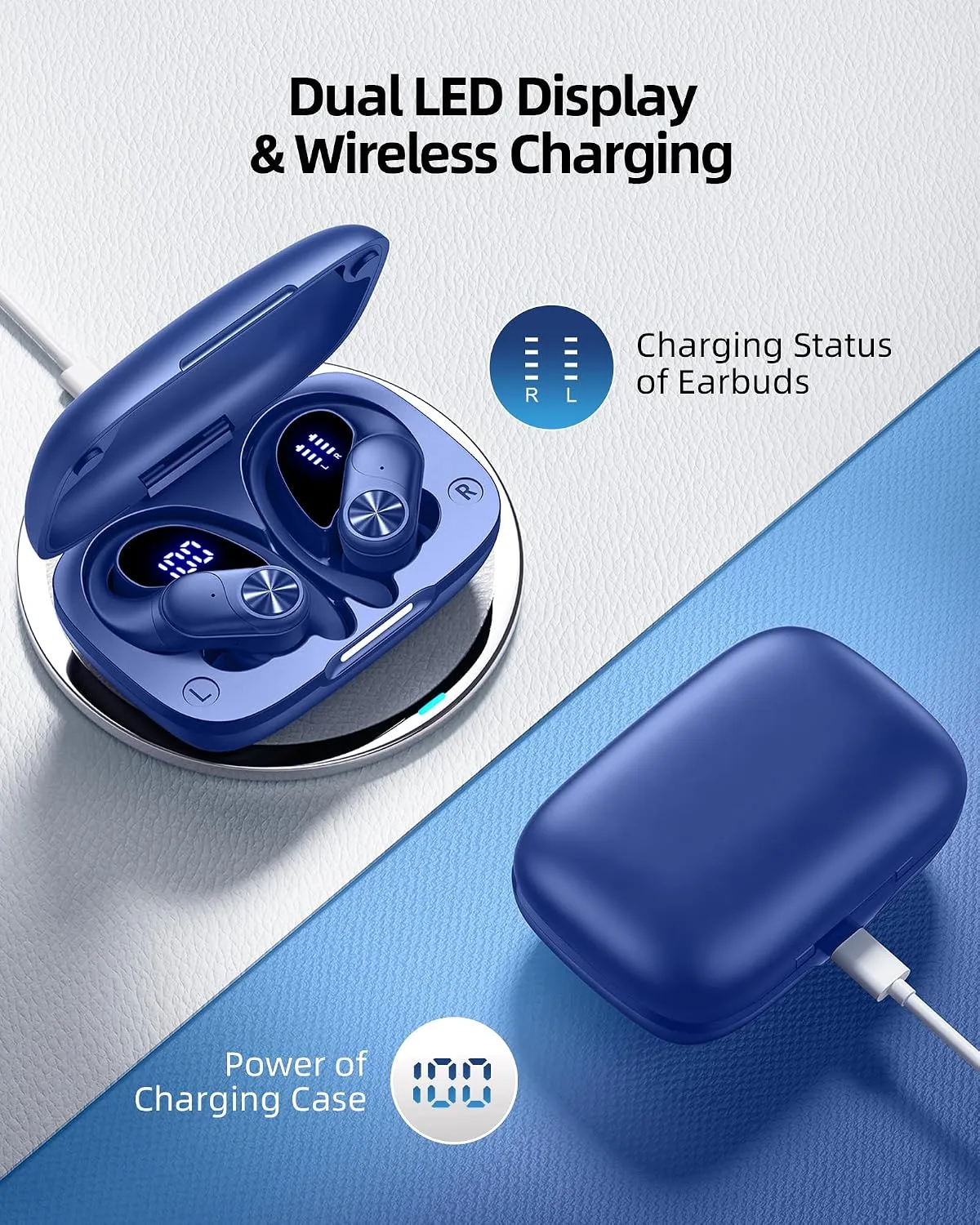 PocBuds Bluetooth Headphones Wireless Earbuds 80hrs Playtime Wireless Charging Case Digital Display Sports Ear Buds with Earhook Deep Bass IPX7 Waterproof Over-Ear Earphones for TV Phone Laptop Navy