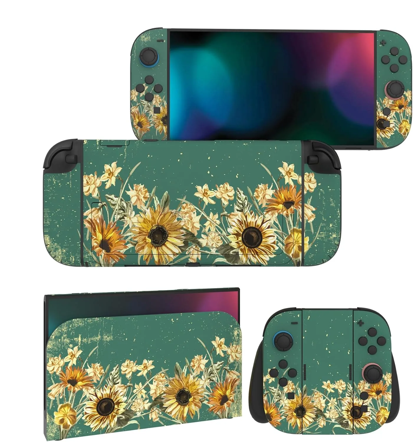 PlayVital for Nintendo Switch 2 Skin Full Set (2-Pack) - Protective Vinyl Decal Stickers for Switch 2 Console, Joycons, Handle Grips & Dock | No Residue, Anti-Scratch - Sunflowers