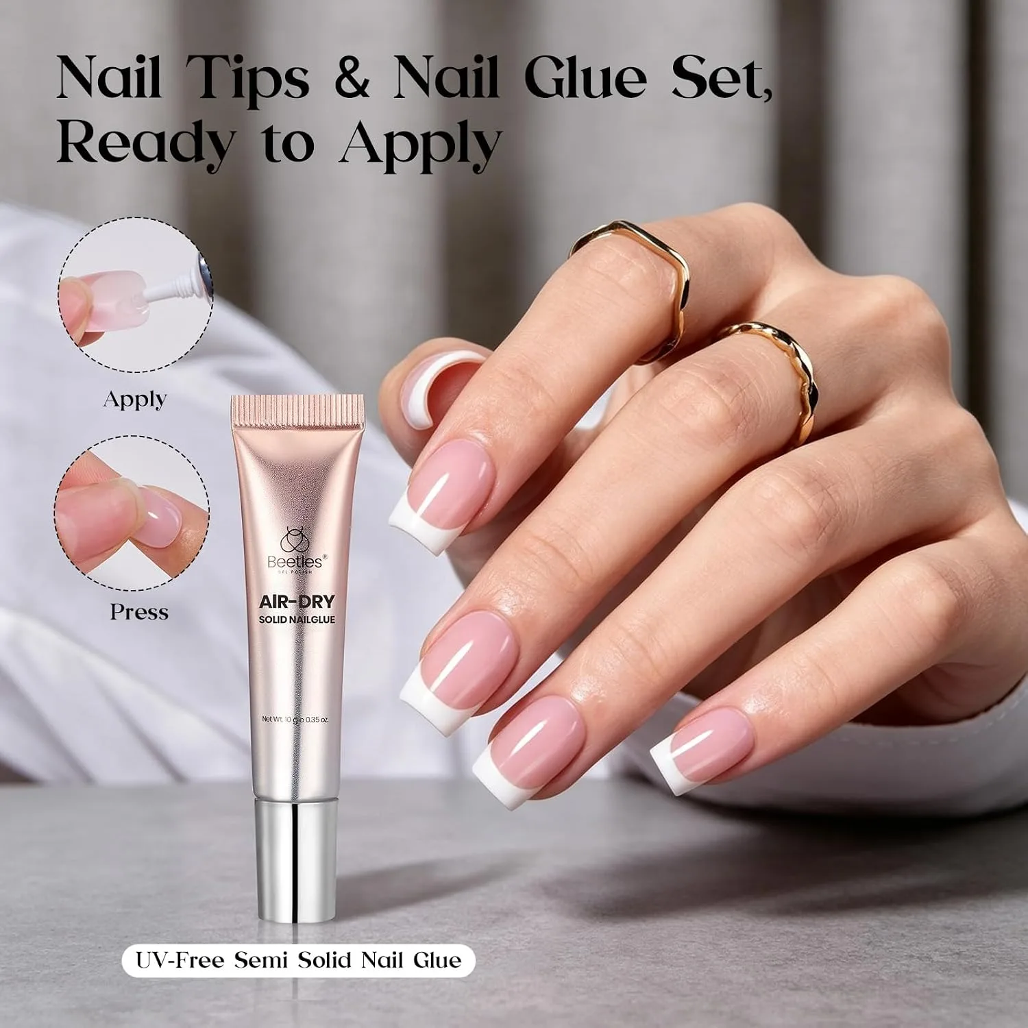 Beetles French Tip Press On Nails with Semi Solid Nail Glue, Short Square