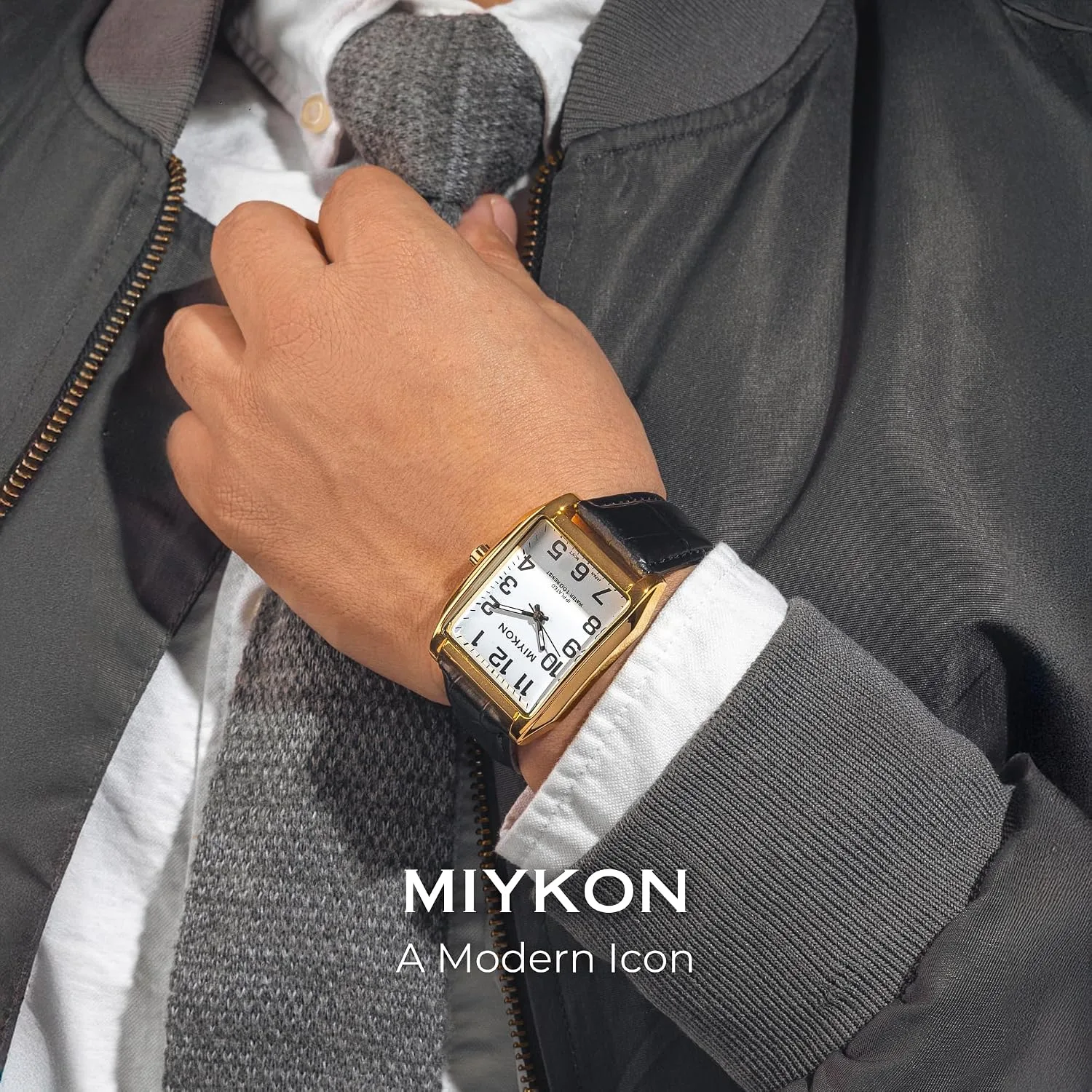 Miykon Men Vintage Tank Dress Watch, Genuine Leather Strap, Water Resistant