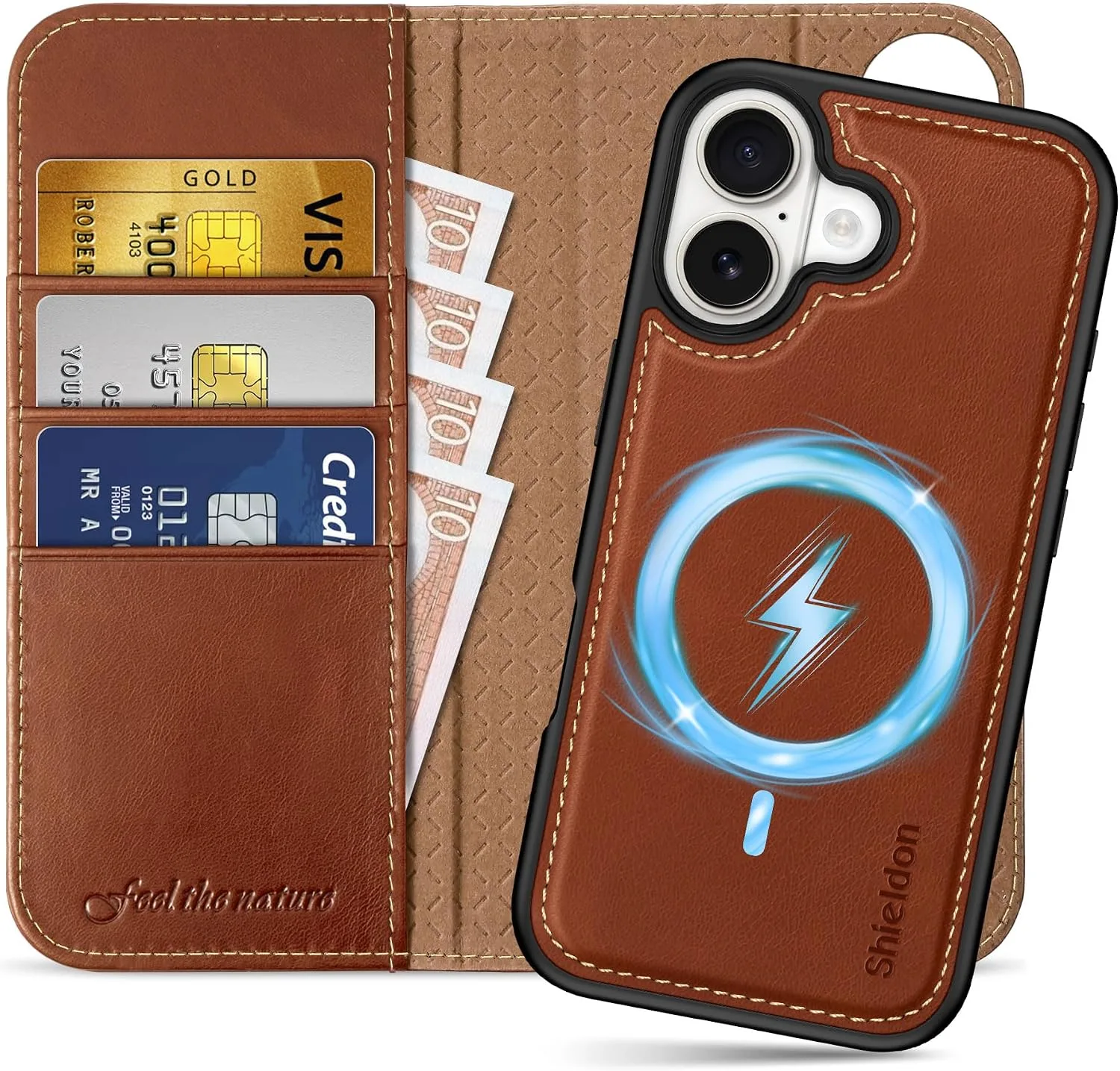 SHIELDON 2 in 1 Genuine Leather Wallet Case for iPhone 17 6.3", Retro Brown