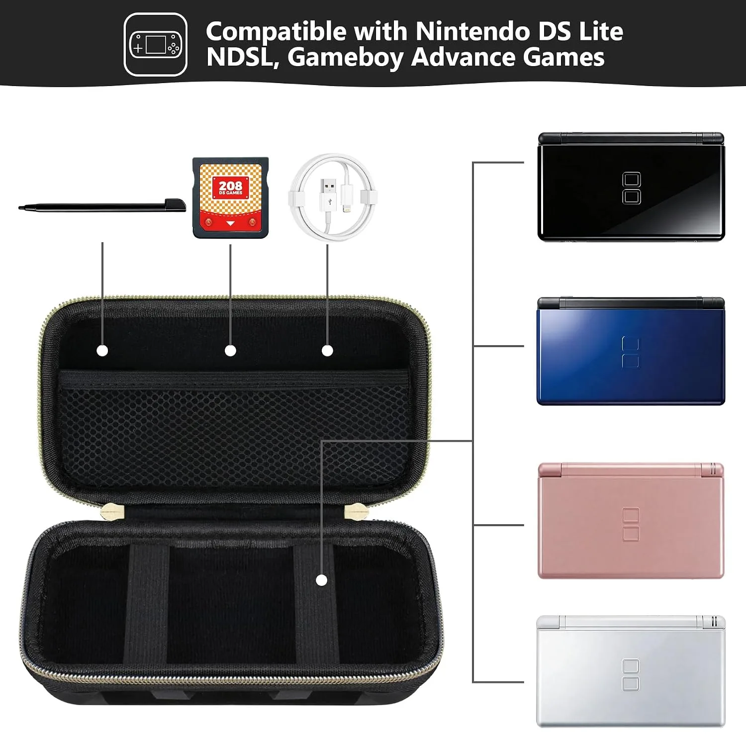 Supmay Hard Carrying Case Compatible with Nintendo DS Lite NDSL, Gameboy Advance Games Storage Holder Travel Bag with Mesh Pocket for USB Charging Cable, Stylus, Earphones, Game Cartridge, Black