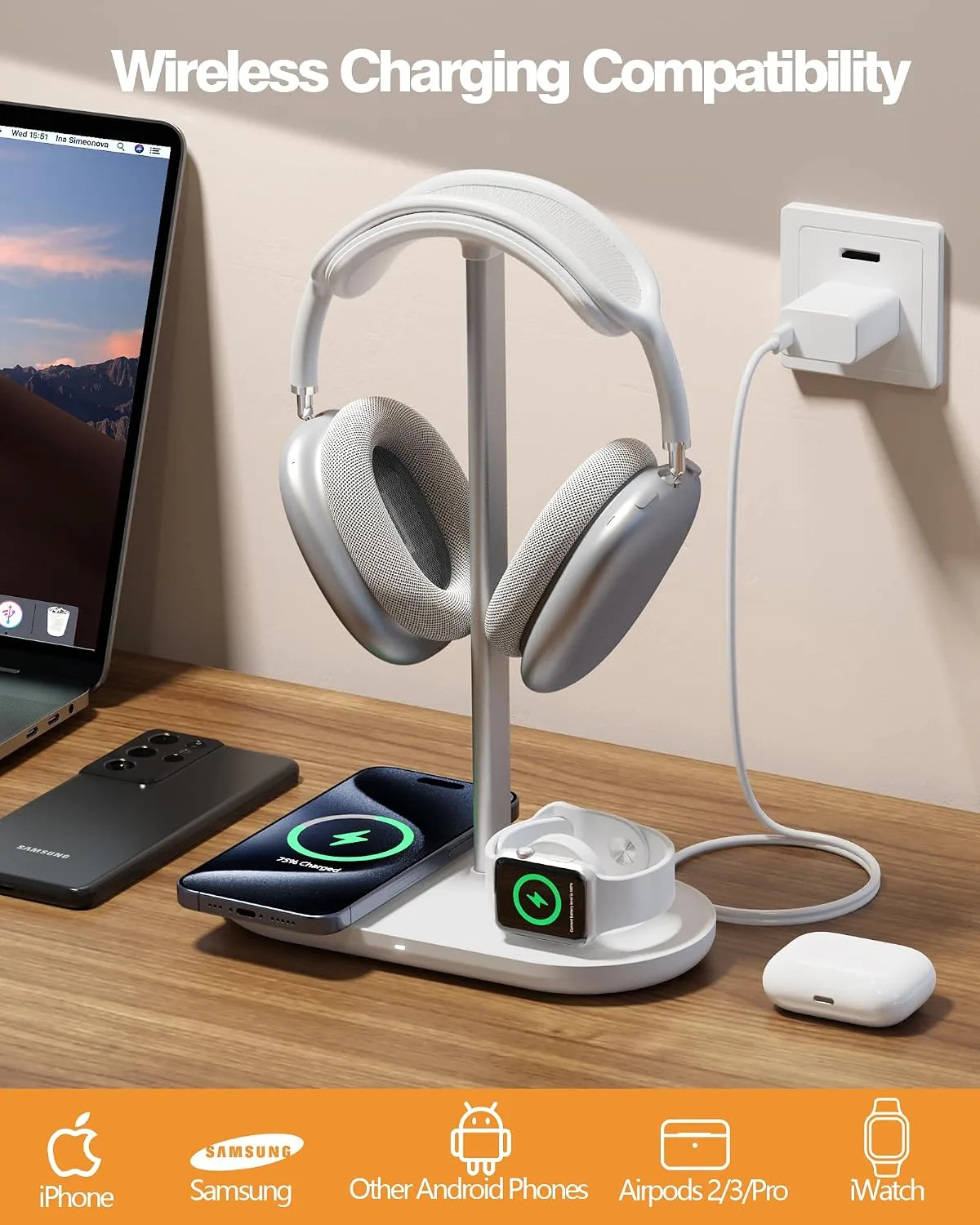 HiWe Headphone Stand, 2-in-1 MagSafe Wireless Charger for iPhone/iWatch