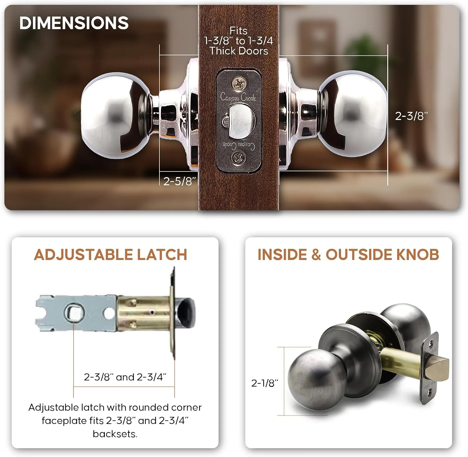 Copper Creek Passage Interior Door Knob – ANSI Grade-3 Certified, Modern Heavy Duty Handle, Easy Install and Reversible for Bedroom, Bathroom & Closets – Antique Nickel (1 Pack)