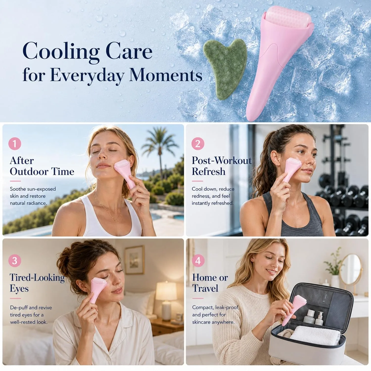 HOOPLE Ice Roller for Face & Gua Sha Set, Depuffing Pink Ice Face Roller