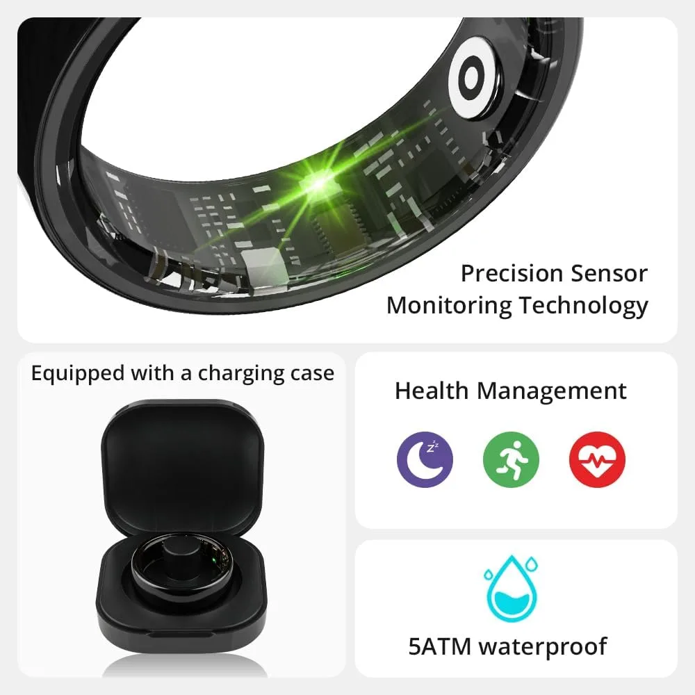 Smart Ring for Women, Health Tracker & 5ATM, COLMI R02.(Black Ceramic, 8#)