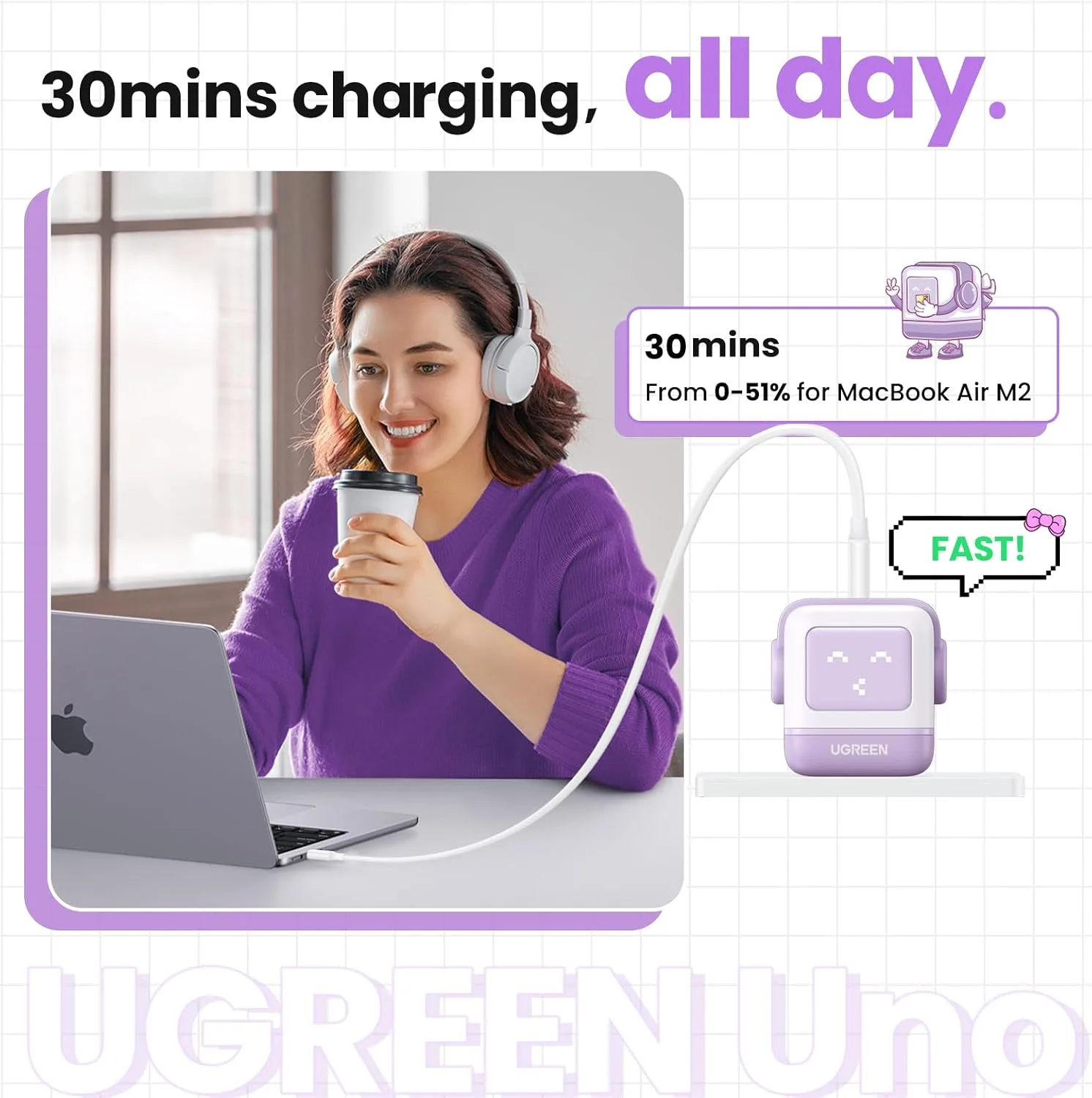 UGREEN Uno 65W 3-Port USB C Charger, GaN Fast Charging Block, Purple