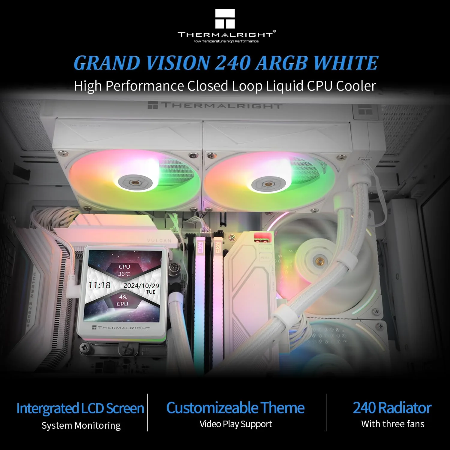 Thermalrlght Grand Vision 240 ARGB White CPU Water Cooler,Double PWM Fans Water Cooling System,IPS LCD Screen with 480x480 Resolution,for AM4/AM5; LGA1700/1851,CPU Liquid Cooler,3.4-inch Display