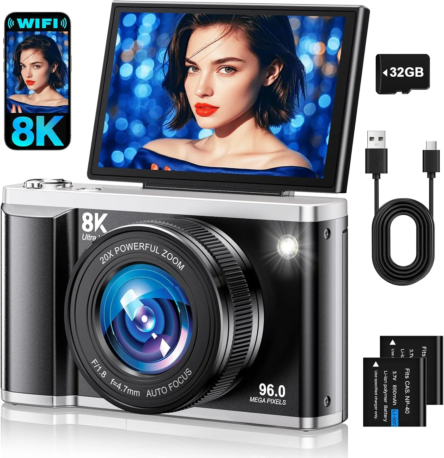 8K Digital Camera for Photography with WiFi 96MP Autofocus Vlogging Camera for YouTube Video 3.5'' 180°Flip Screen 20X Zoom Anti-Shake Compact Point and Shoot Cameras for Beginner Creator with SD Card