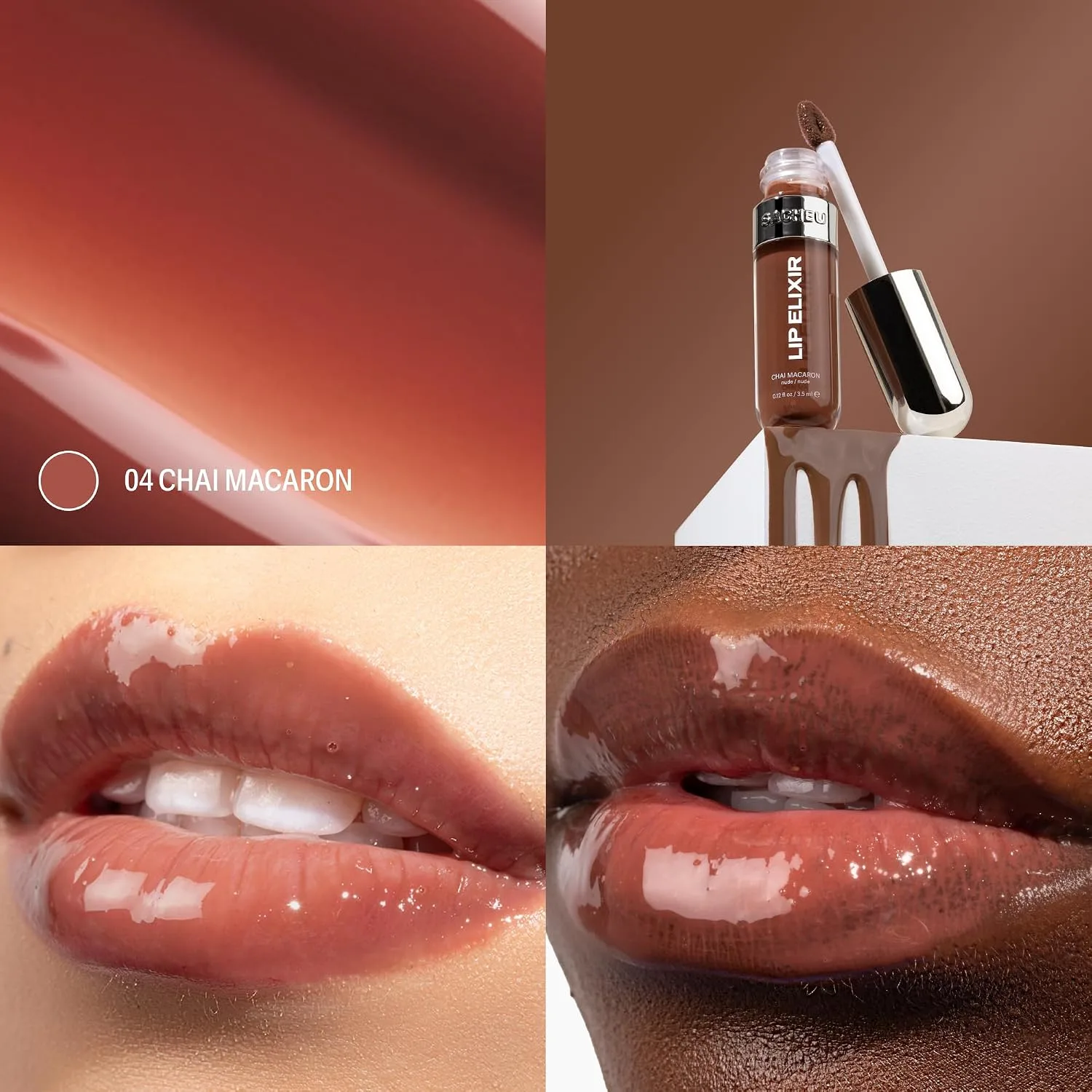 Sacheu Lip Elixir Hydrating Lip Gloss, High-Shine, Chai Macaron