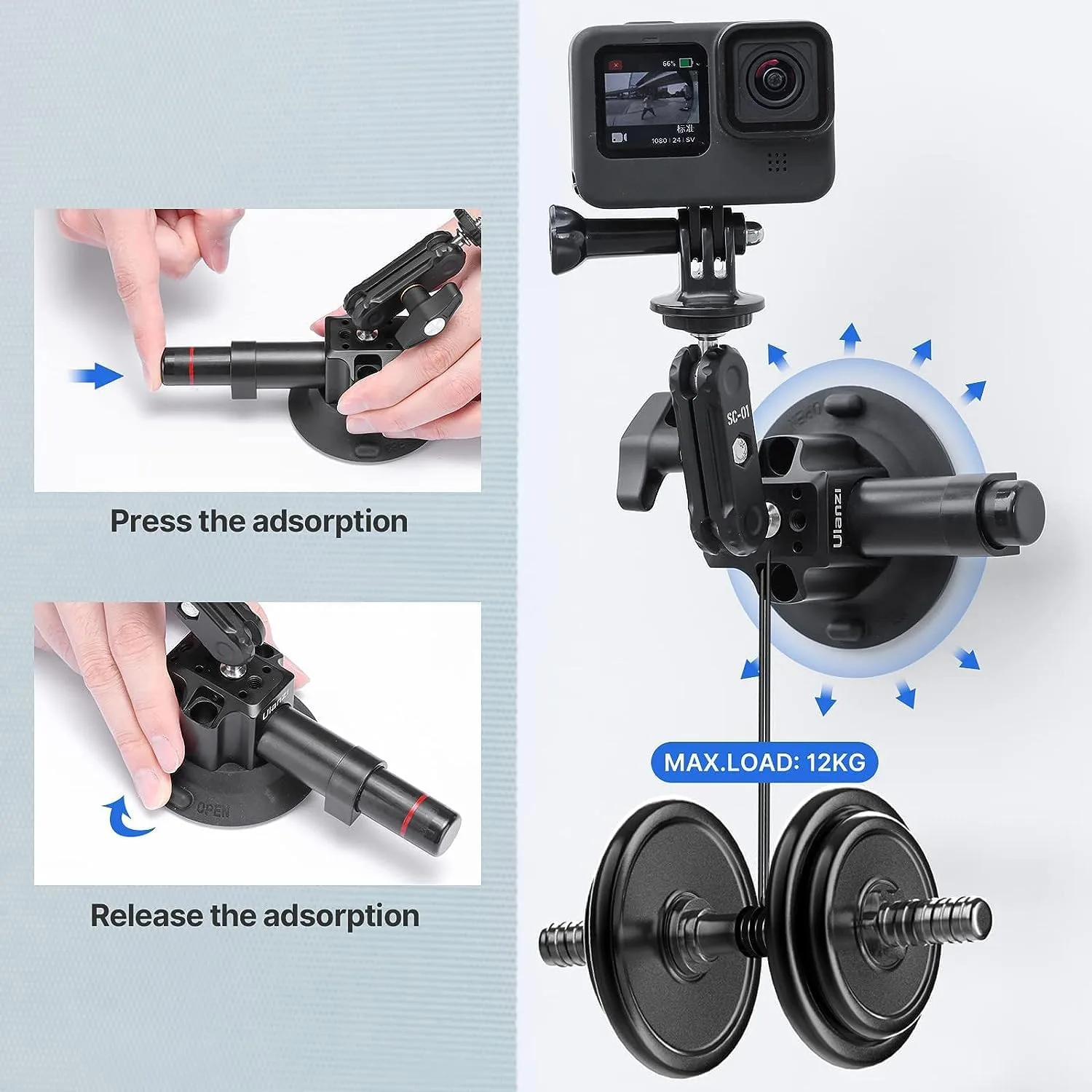 UURig SC-01 Suction Mount 3" for Vlogging Camera Car with Smartphone Clamp
