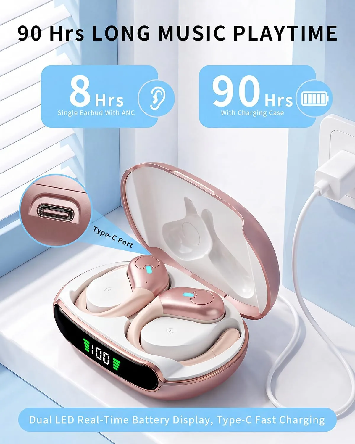 Active Noise Cancelling Ear Buds Wireless Earbuds 90H Playtime Bluetooth Headphones Stereo Bass Over-Ear Hooks Earphones with Power Display Case IPX7 Waterproof Headset for Workout/Running, Rose Gold