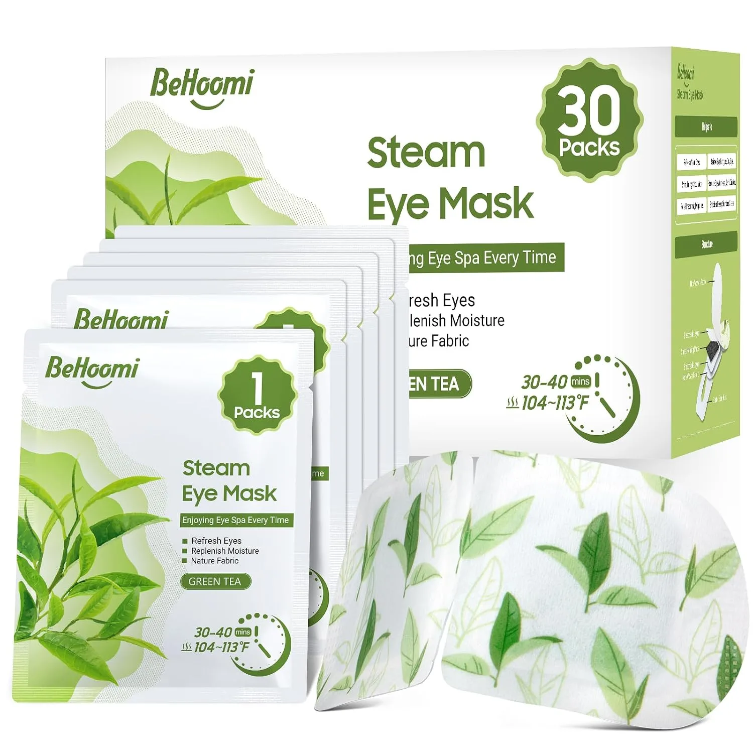BeHoomi 30Packs Steam Eye Mask, Heated Eye Mask for Dry Eyes, Green Tea