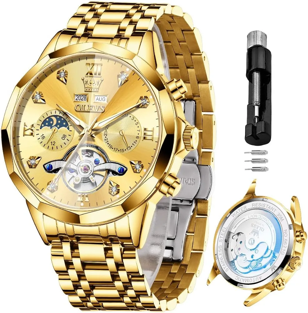 OLEVS Skeleton Men Watches Automatic Business Luxury Diamond Self Winding Watch for Men Stainless Steel Calendar Wrist Watch