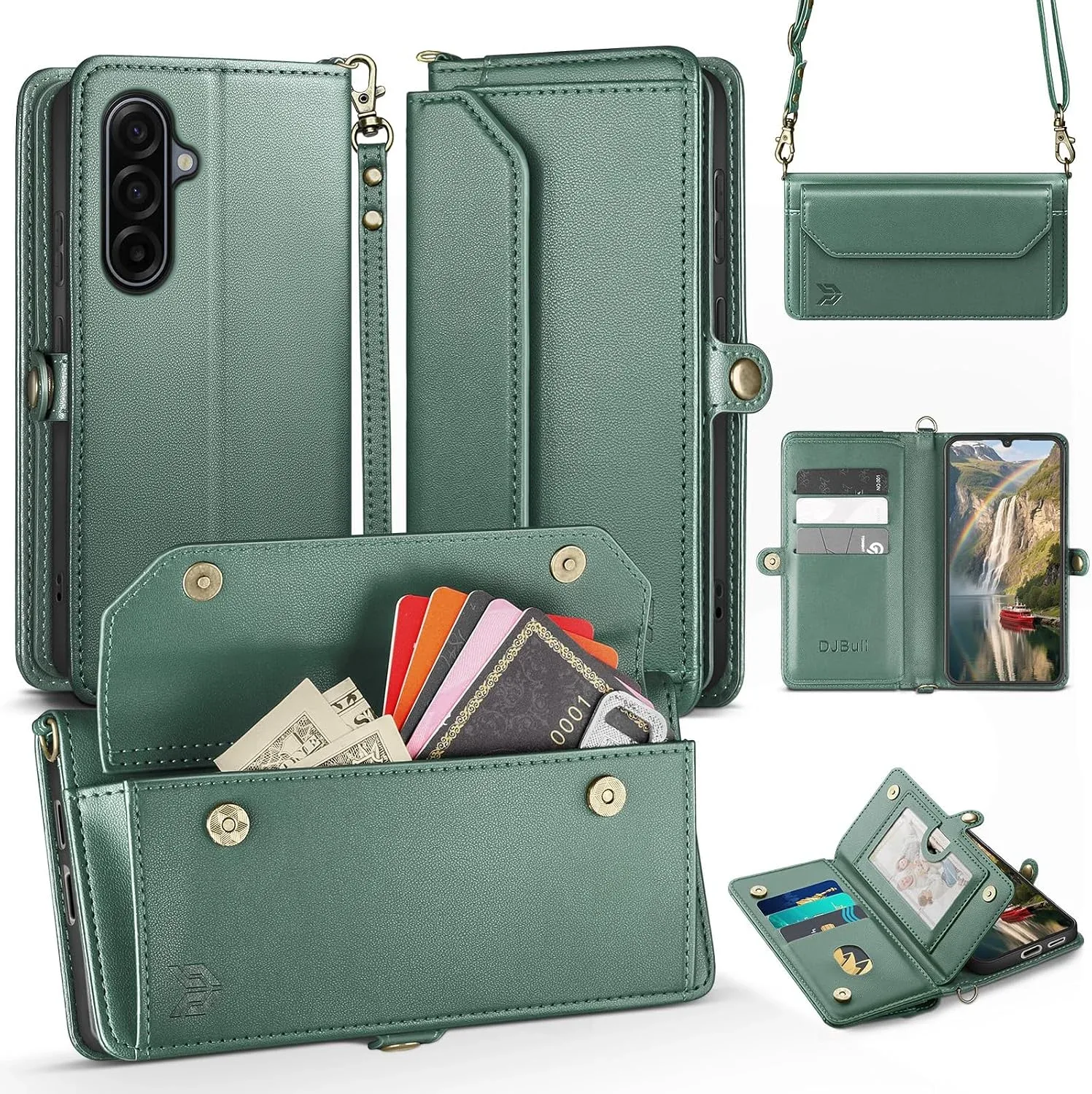 DJBull for Samsung Galaxy A17 Wallet Case with Card Holder, Shoulder and Wristlet Straps, Soft PU Leather, Magnetic Snap, Flip Phone Case for Women Men for Samsung A17 Green