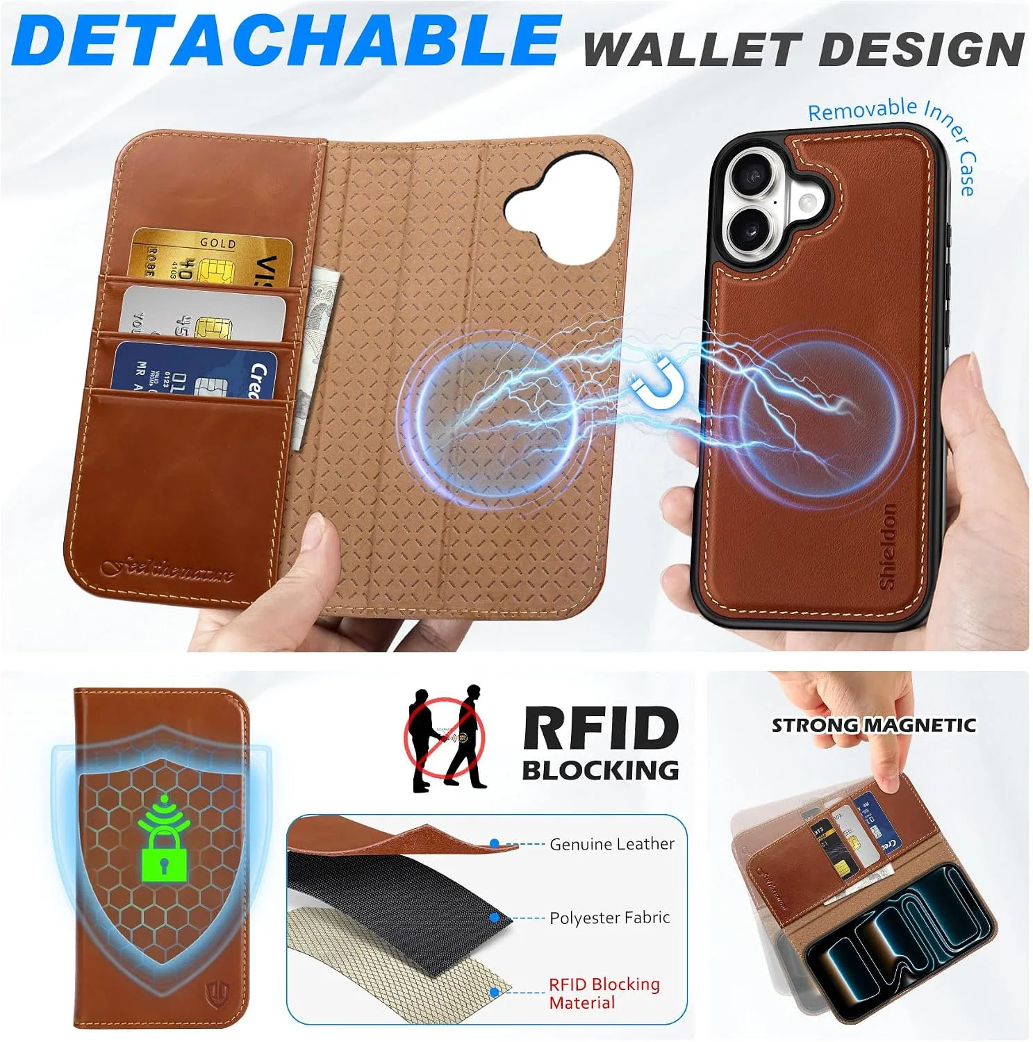 SHIELDON 2 in 1 Genuine Leather Wallet Case for iPhone 17 6.3", Retro Brown