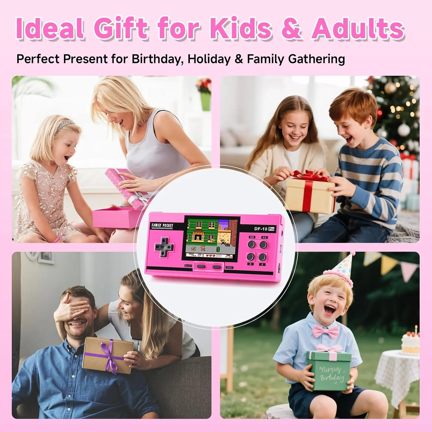 Handheld Game for Kids, 10 Preloaded Classic Retro Games, 3.0'' IPS Screen Portable Gaming Device, Rechargeable Video Game Player, Mini Arcade Travel Electronic Toy Gifts for Boys and Girls (Pink)