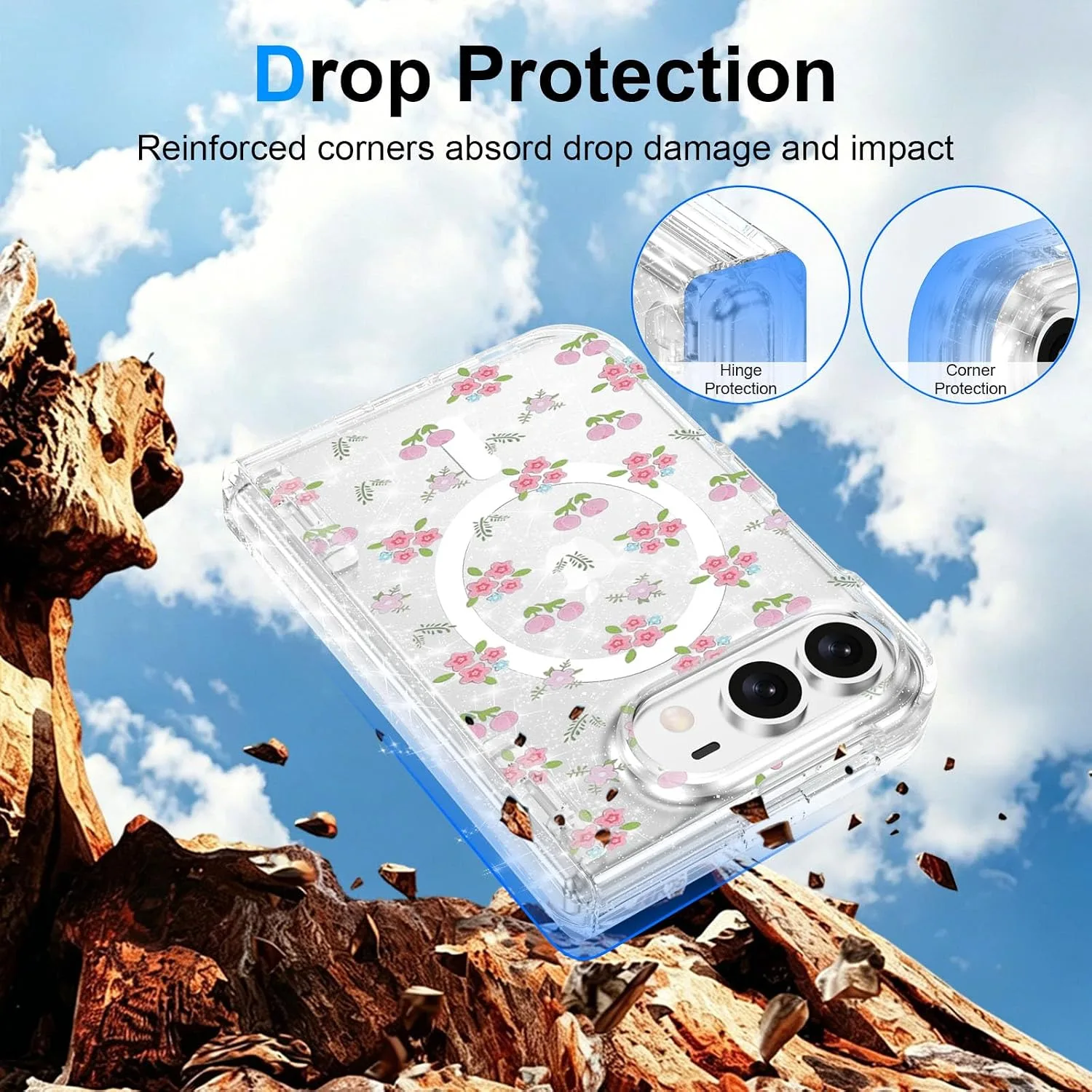 for iPhone Duo Case Clear Glitter Magnetic with Hinge Protection