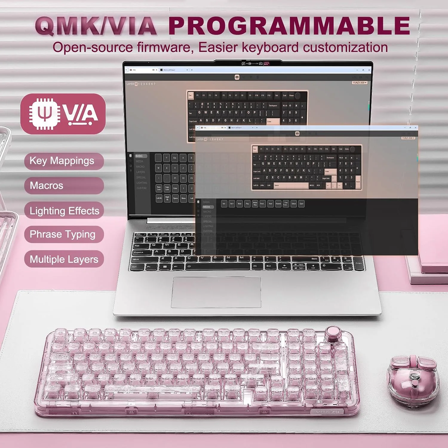 YUNZII X98 Clear Wireless Mechanical Keyboard with Knob (Pink, Snow Switch)
