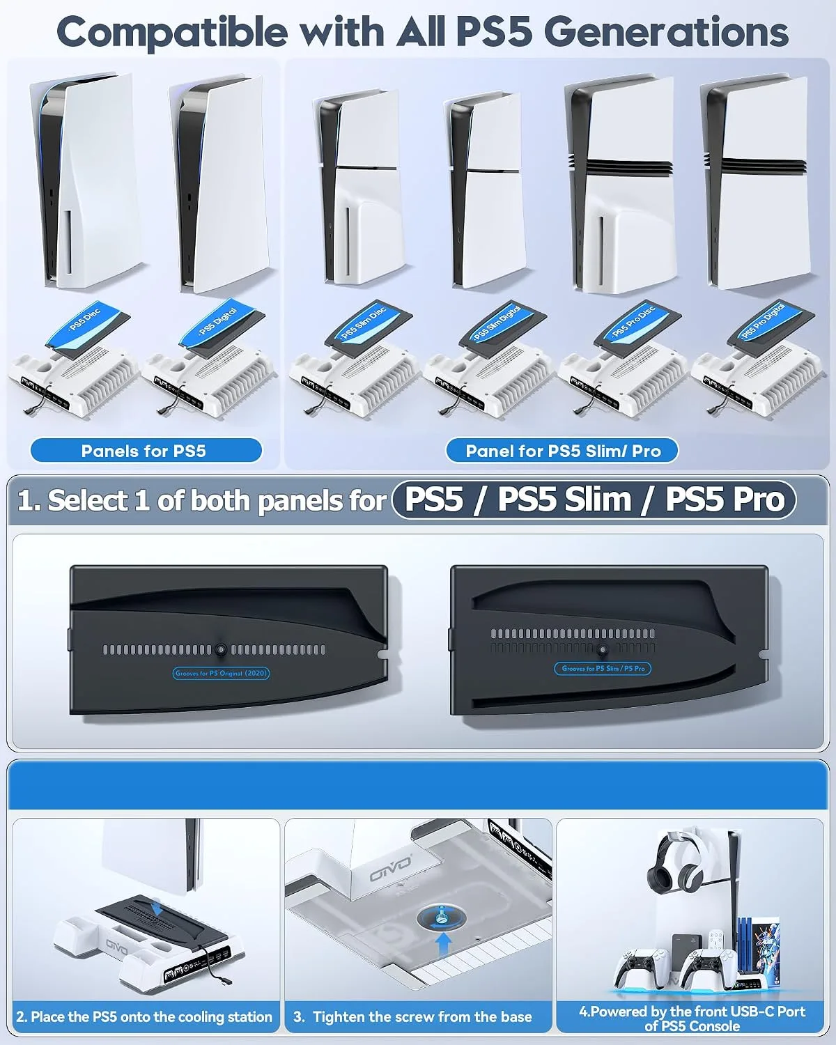 OIVO PS5/Slim/Pro Stand and Cooling Station with LED Controller Charging Station for PlayStation 5 Console, Controller Charger, Cooling Stand, PS5/Slim/Pro Accessories Kit with 3 Level Cooler Fan
