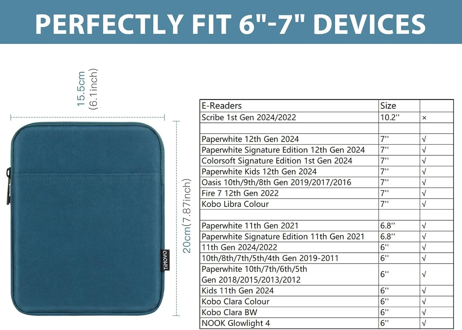 TiMOVO 6-7 Inch Sleeve Case for eReader Book, Peacock Blue