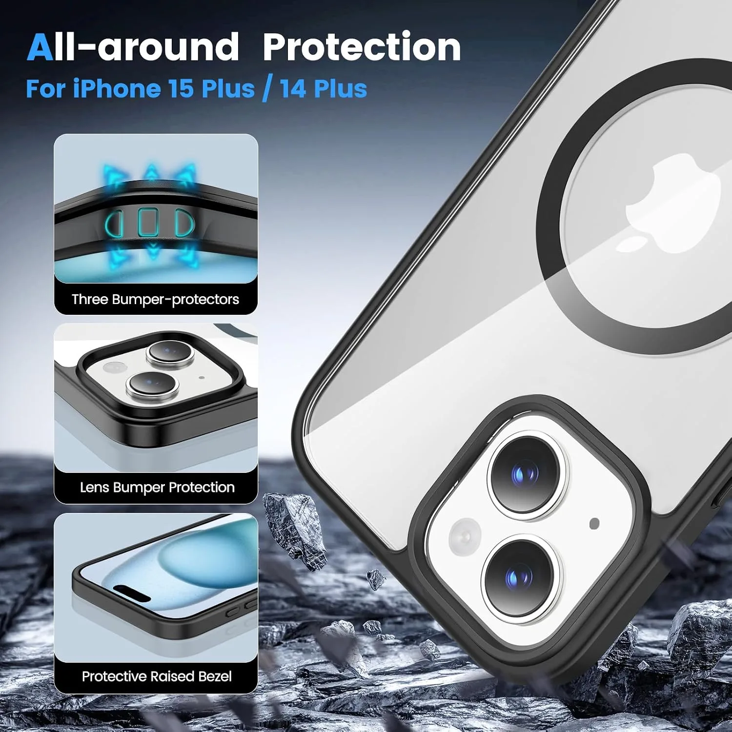 Temdan for iPhone 15/14 Plus Case with Screen Protector Black