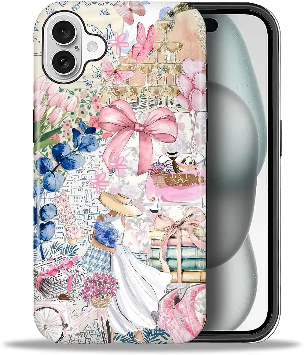 DAIZAG Case for iPhone 16,Mixed 2 Layer Design Shockproof Soft TPU Ddouble Protection Phone Case for iPhone 16-Magazine Books Flower Bow Collage