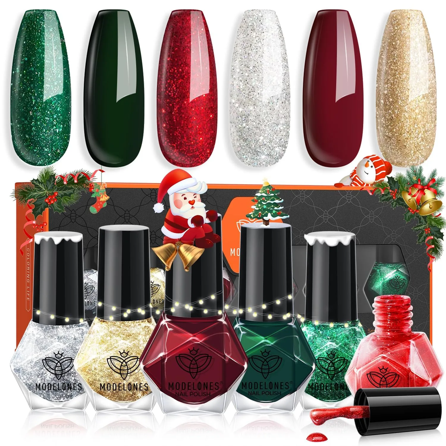 modelones Quick Dry Nail Polish Set, 6 Colors Christmas Red Green Gold