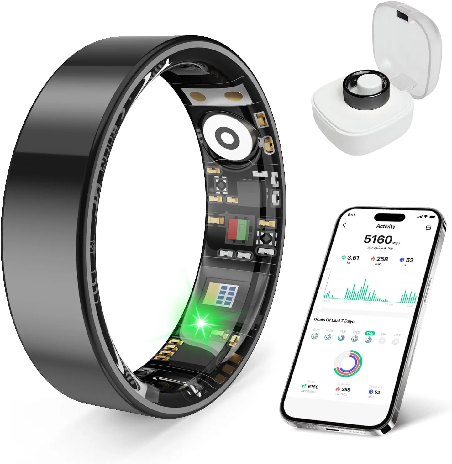 Smart Ring Health Monitor for Sleep Stress Exercise Tracking, IP68 Waterproof, Long Battery Life, No Subscription, Works with iOS Android, Suitable for daily use, exercise and play. (Black, 7)