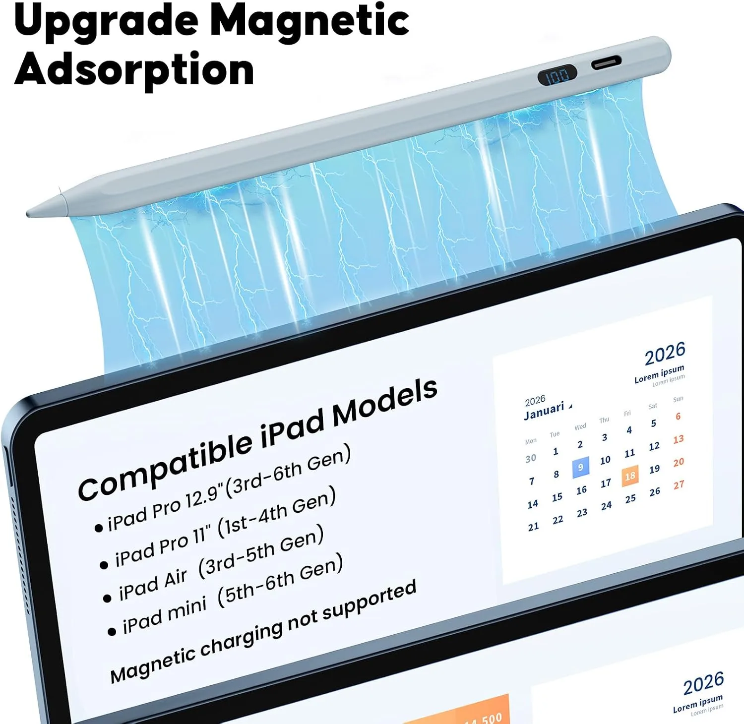 A-PCE iPad Pencil 2018-2026, Fast Charging Stylus with LED Display, Blue