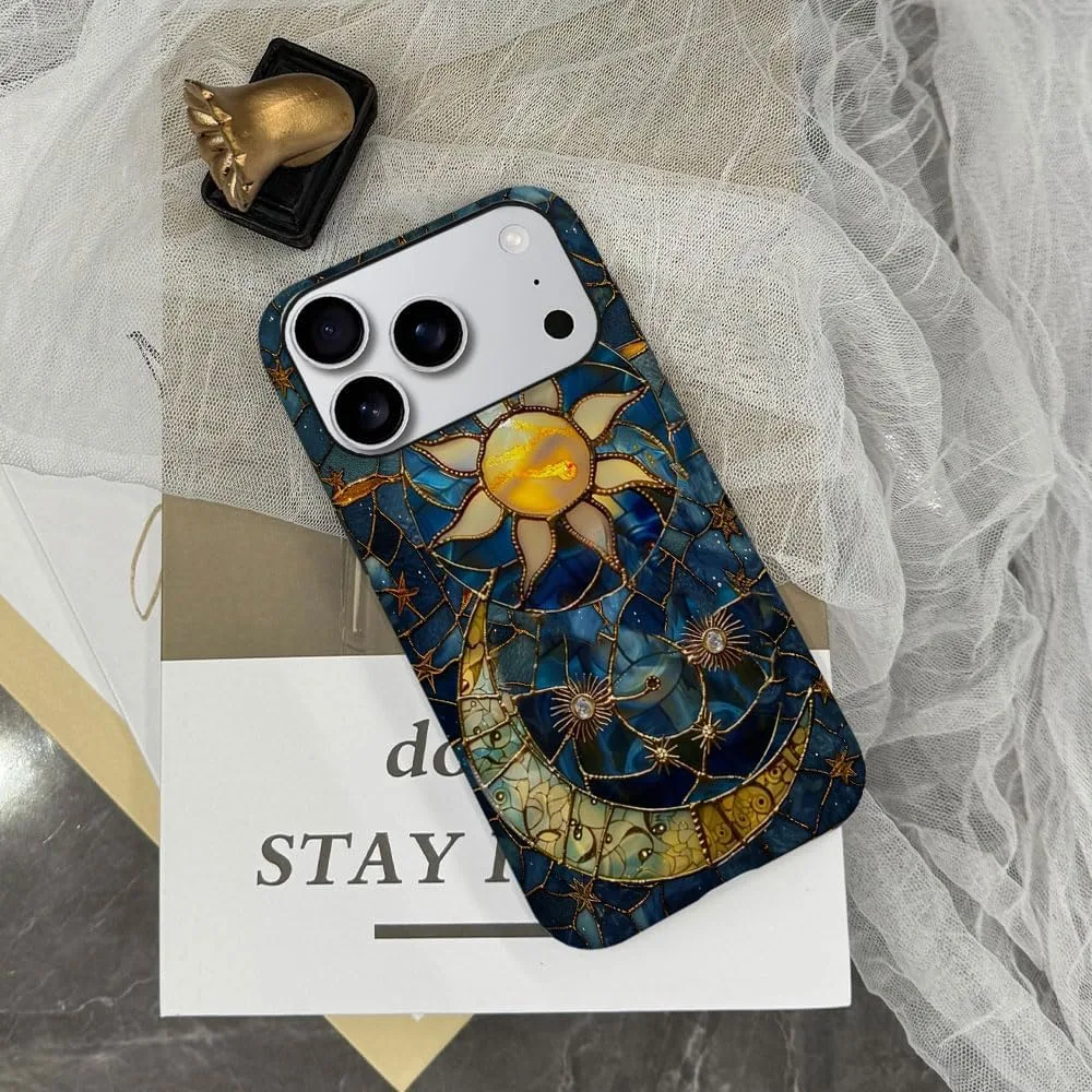 Case Compatible with iPhone 18 Pro/iPhone 17 Pro,Fall Prevention Hybrid 2-Layer Hard Shell Phone Cover for Girls Boys,Sun Moon Celestial Glass