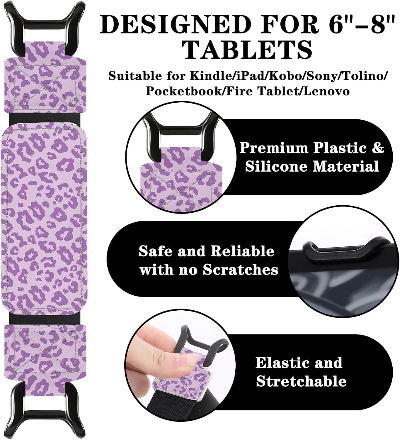 Hand Strap Accessories for Kindle - Purple Leopard Print Finger Grip for 6-8" Paperwhite 11th/12th Generation/Kobo/Sony Ereaders E-Book Tablet Versatile High Elasticity Holder for Reading