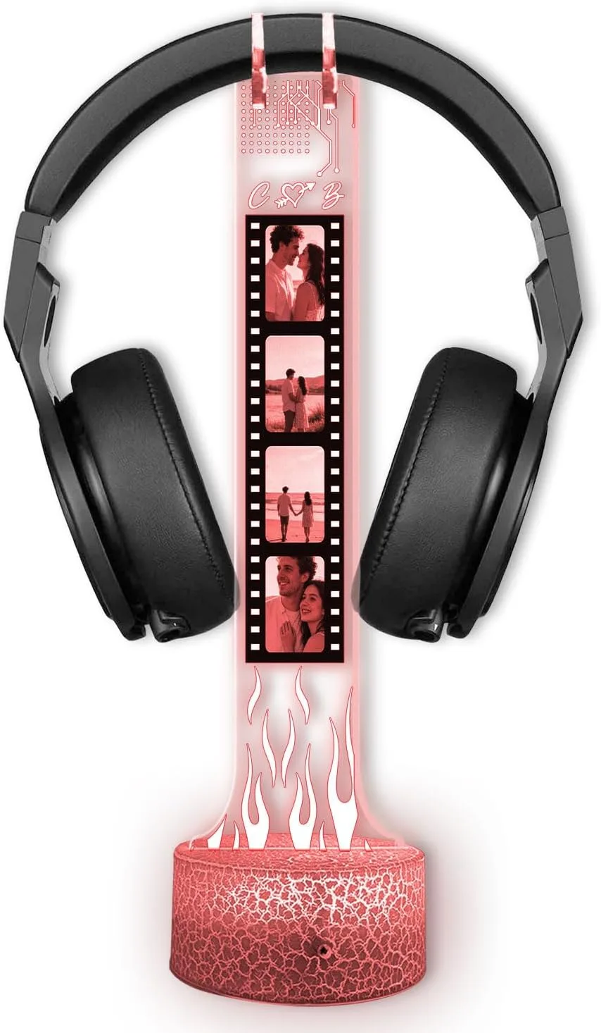 Personalized RGB LED Headphone, Custom Couple Photo Headset Holder, Gaming Decor Gift for Boyfriend, Valentines Day Gift for Him, Custom Couple Gifts, Gifts for Gamers, Photo Headphone