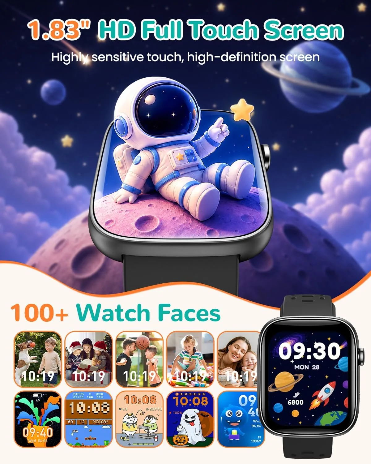 Kids Smart Watch No Phone Needed, 1.83" Smart Watch Fitness Trackers(Black)