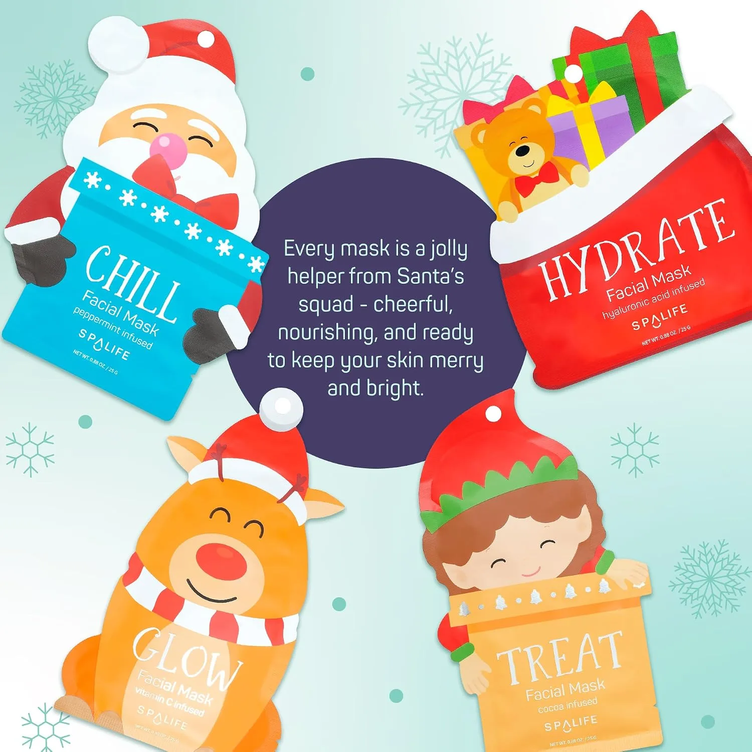 SpaLife Beauty Santa’s Squad 2025 Christmas Face Mask Bundle | Korean Facial Masks | Hydrating, Soothing, Complexion Enhancing and Firming Sheet Mask Set | Christmas Ideas for Women | 12 Pack
