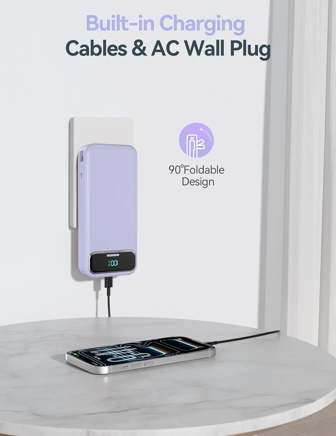 aonidi Portable Charger 20000mAh with Built-in Cables&AC Wall Plug, Purple