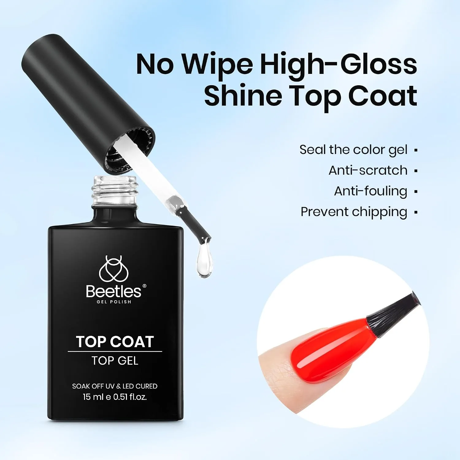 Beetles Gel Top Coat, 2Pcs 15ml Top Coat Gel Nail Polish No Wipe Clear High