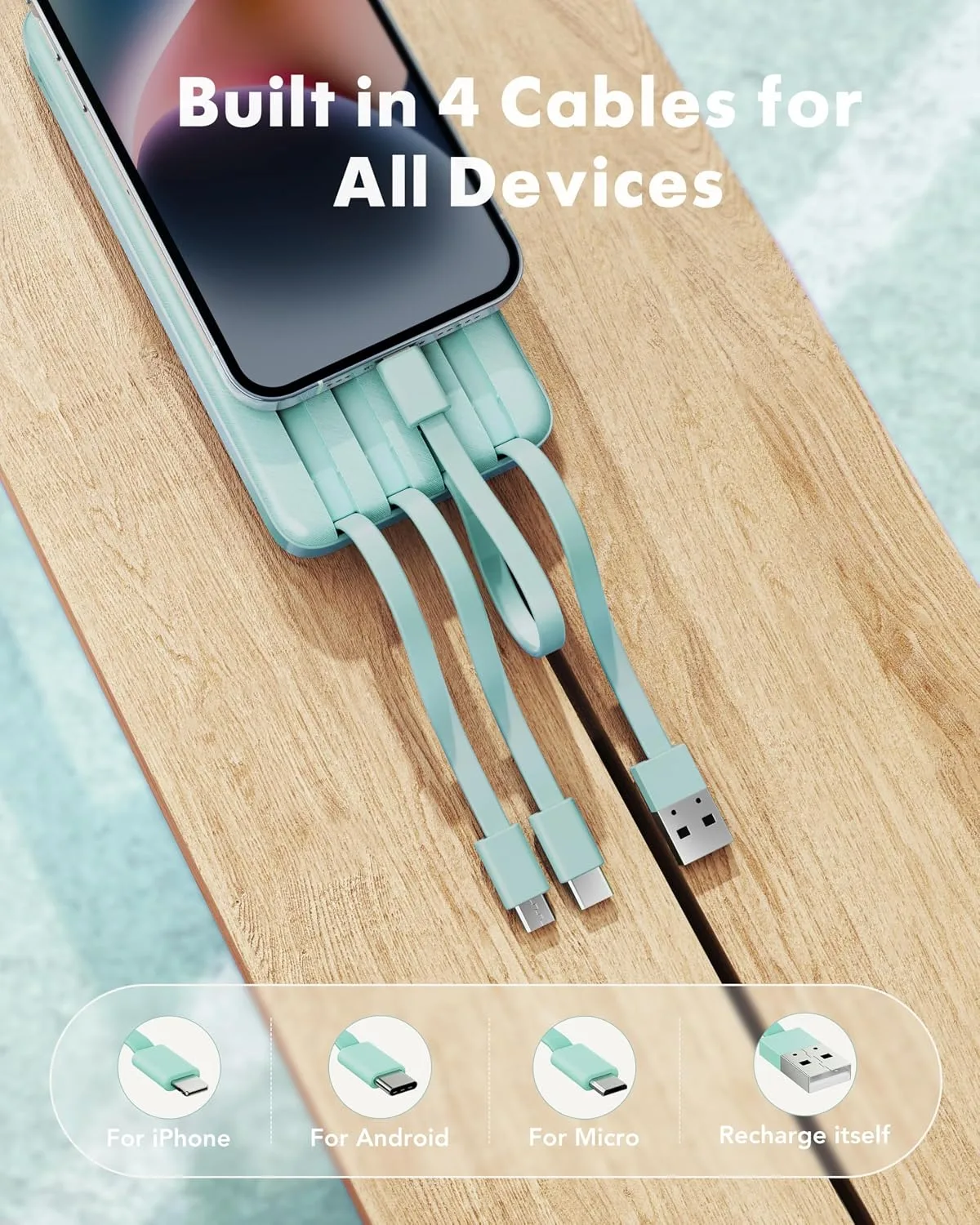 charmast 10000mAh Power Bank Portable Charger with 4 Built-in Cables