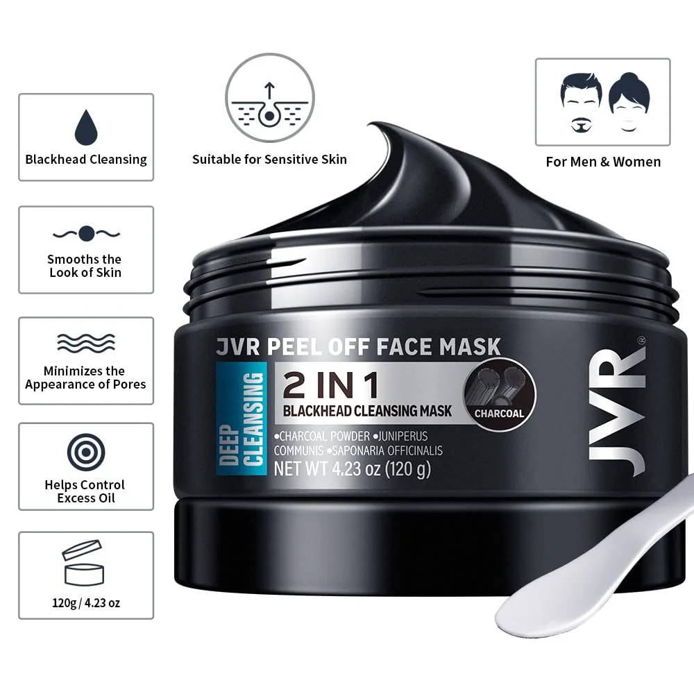 JVR Peel Off Face Mask, Blackhead Mask for Men, Charcoal Peel Off Black Mask, Facial Mask Refreshing and Deep Cleansing for All Skin Types 4.23 OZ