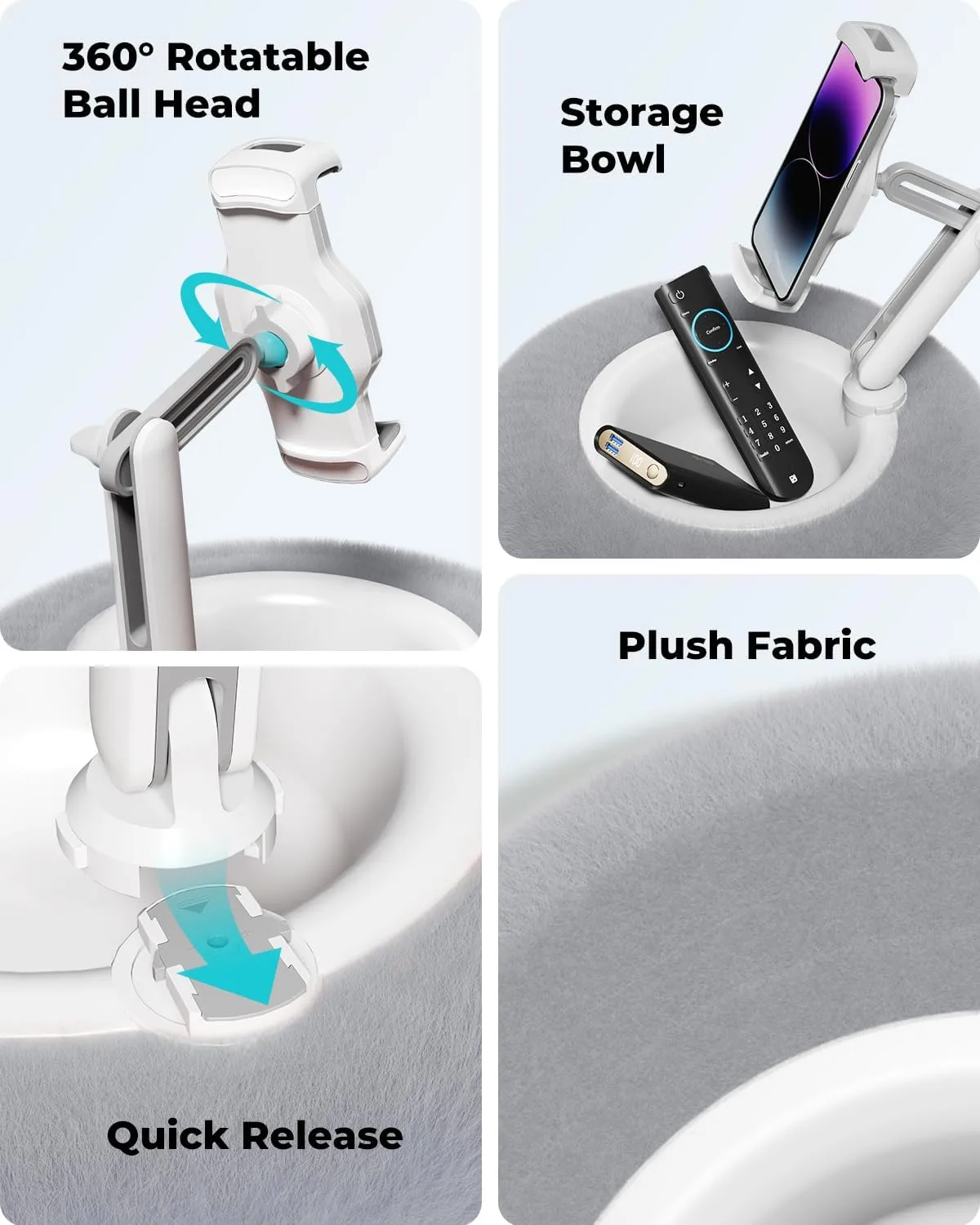 Viozon Tablet Stand with Pillow, Compatible with 4.7"-13" Phone/Tablet, iPad, iPhone, Samsung, Google, Kindle, 360°Adjustable Phone Holder for Bed with Soft Plush Fabric, and Detachable Bowl, Grey