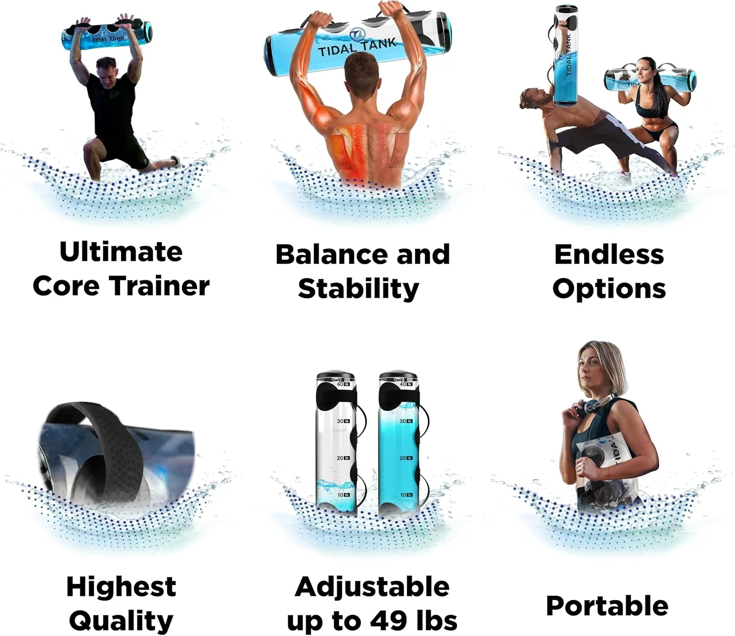 Tidal Tank Tube - The Original Aqua Bag - Water Weight Bag up to 79 lbs - Adjustable Workout Sand Bags Weights Alternative - Portable Sandbag Fitness Equipment Set, Home Exercise Gym - Including App