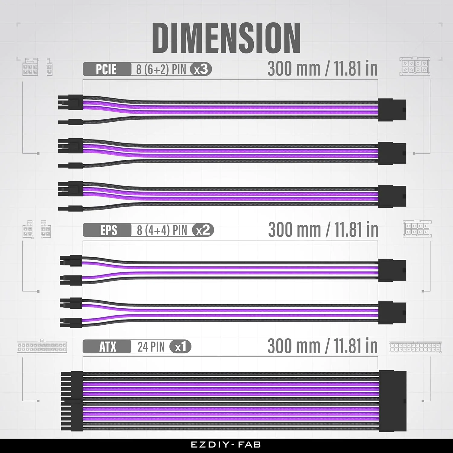 EZDIY-FAB 16AWG PSU Extension Kit, 300MM, 24-Pin/2xEPS/3xPCIe, Black Purple