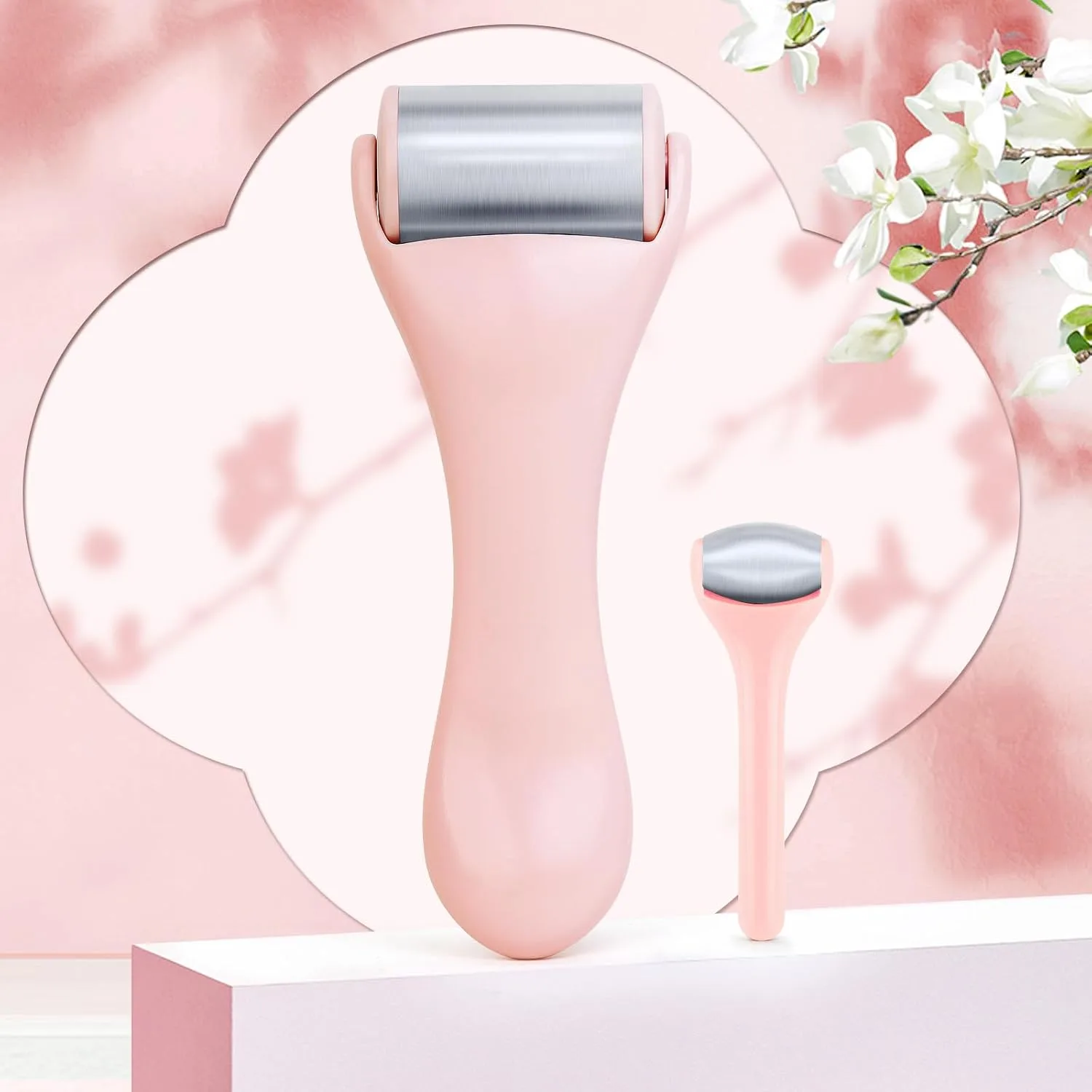 Ice Roller for Face and Eye 2 Pcs,Face Roller Skin Care for Puffiness,Migraine,Pain Relief,Eye Roller For Puffy Eyes Dark Circles,Stainless Steel Facial Roller (Pink)