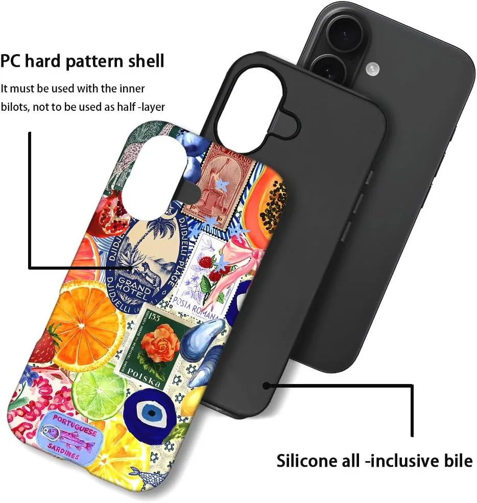 Case Compatible with iPhone 17,Fall Prevention Hybrid 2-Layer Hard Shell Phone Cover for Girls Boys,Bow European Summer Lemon Collage