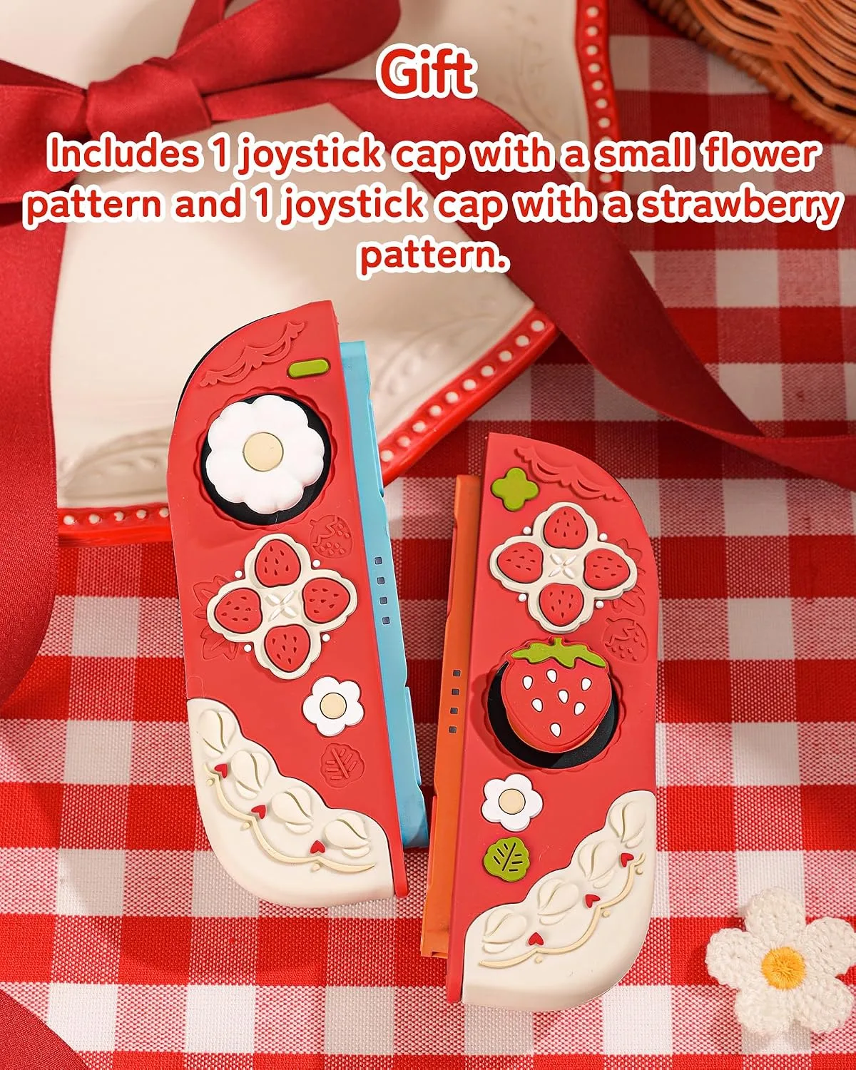 GeekShare Strawberries with Cream Case Compatible with Switch 2, Slim Separable Soft Silicone Protective Shell with 2 Thumb Grip Caps - Red